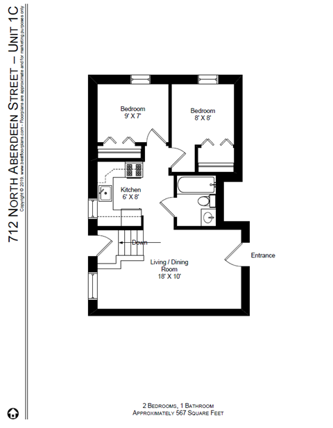 Floor plan for 2 beds, 1 bath, 567 sqft